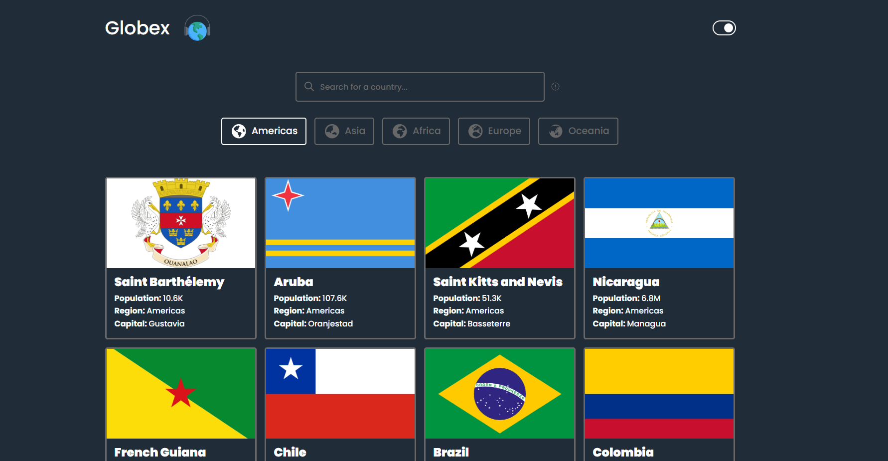 Captura de la home de Globex App